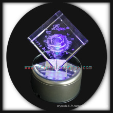 3D laser gravé Rose Cube de cristal à base de Led